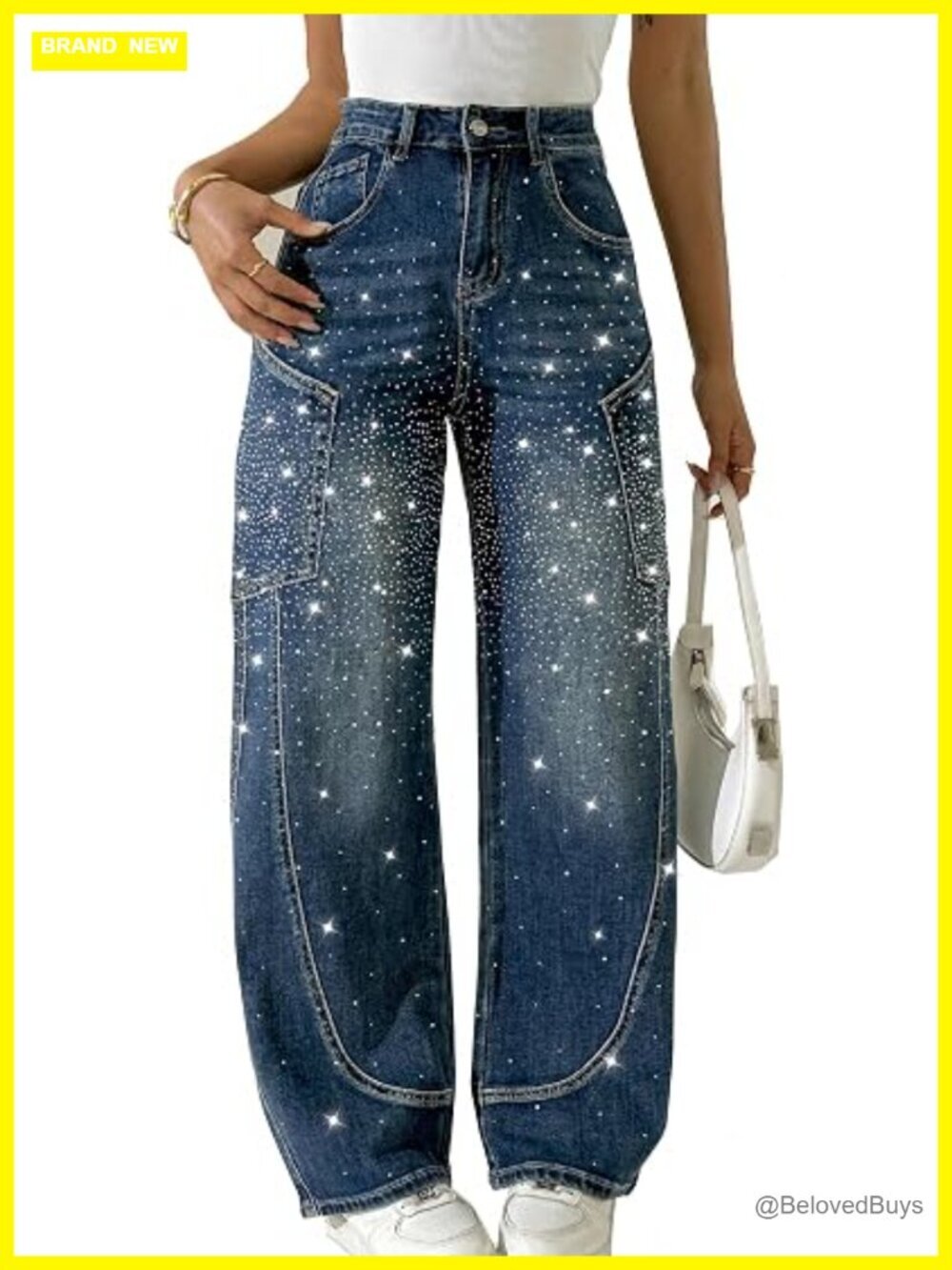 Rhinestone Barrel Jeans Wide Leg Baggy Denim Pants Sparkle Shiny Glitter